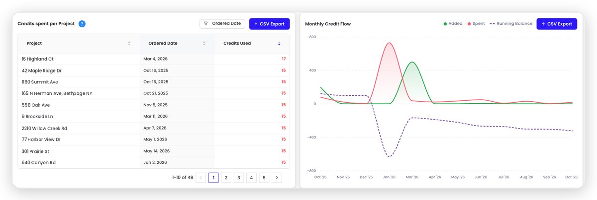 Scanifly Credit Analytics: credits per project and monthly credit flow