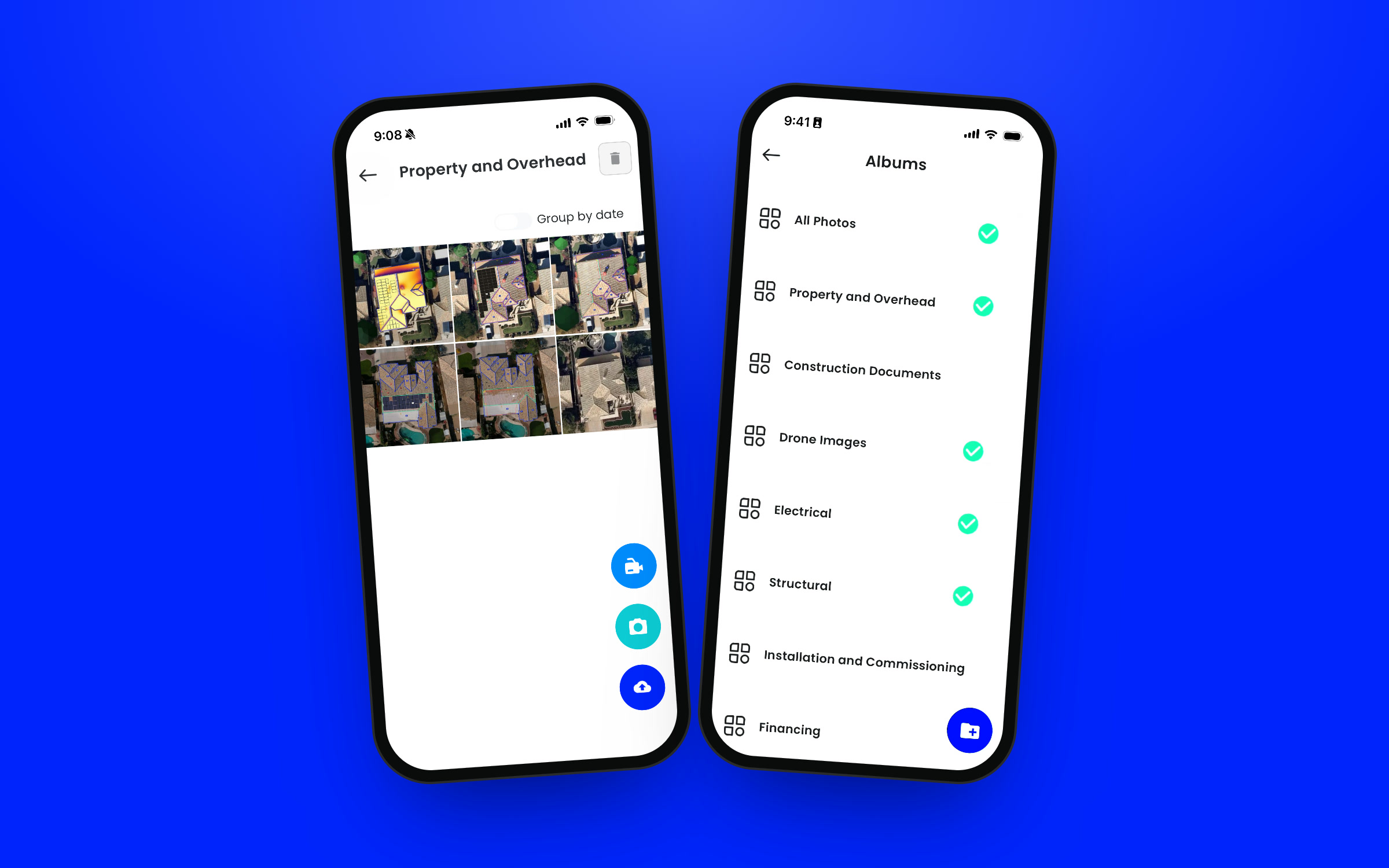 Scanifly Mobile showing the Property and Overhead album with Scanifly designs and shade maps, next to the project albums list