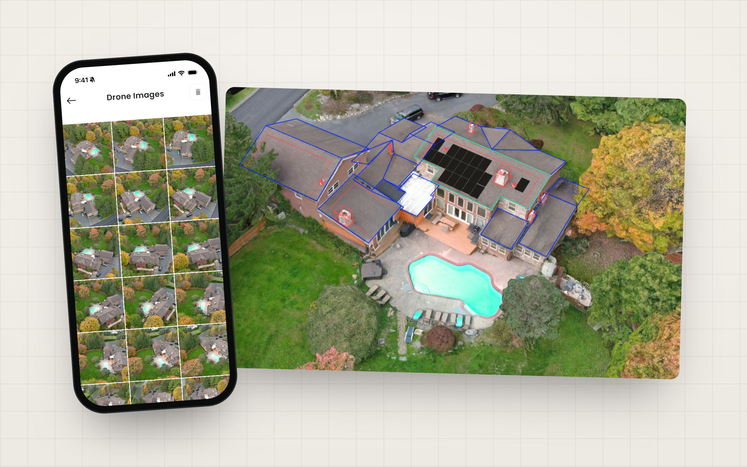 Drone images uploaded in Scanifly Mobile next to the photorealistic 3D model and DroneDesign generated from them