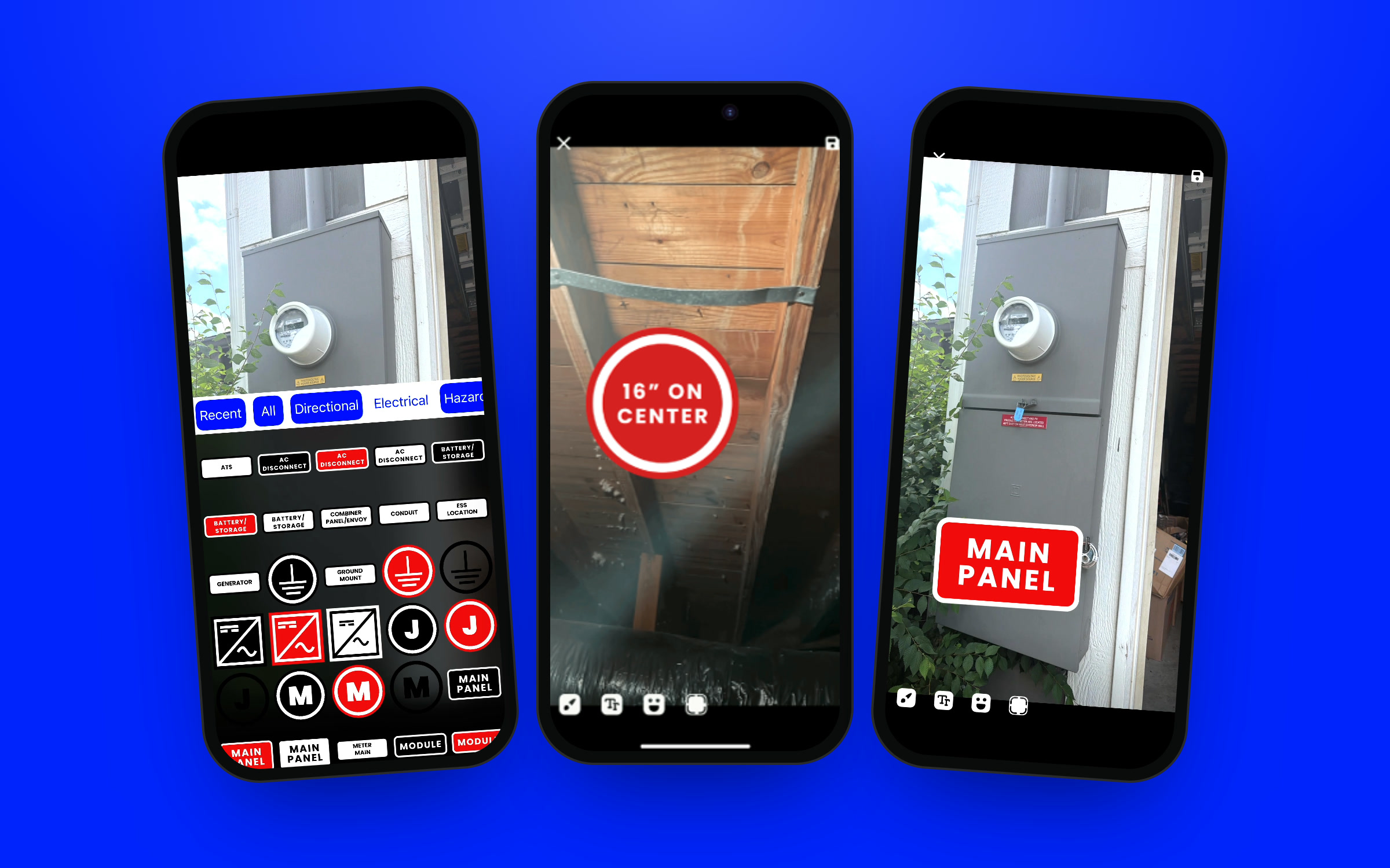 Solar site survey app Scanifly Mobile showing the sticker tray, a rafter photo with a 16 inches on center sticker, and a Main Panel sticker on an electrical panel photo