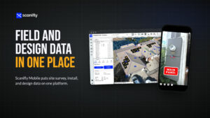 Scanifly desktop DroneDesign view next to Scanifly Mobile showing a Main Panel sticker on an electrical panel photo, with the headline Field and design data in one place
